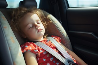 Young child sleeping in car. AI generated