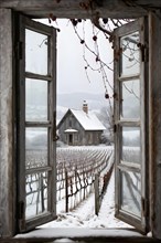 Rustic vineyard cottage in a winter vineyard landscape with snow, AI generated