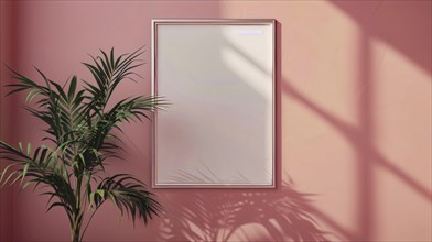 Frame on a pink wall with a plant on the left, with sunlight creating shadows, AI generated