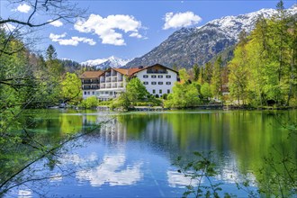 Spring at Lake Badersee with Hotel am Badersee, Zugspitzdorf Grainau, Werdenfelser Land, Bavarian
