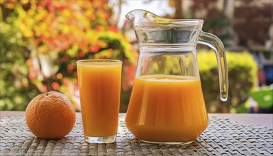 A glass of orange juice and a carafe of oranges on an outdoor table, autumnal colours, AI