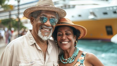 Happy african american senior couple portrait in front of their luxury cruise ship. generative AI,