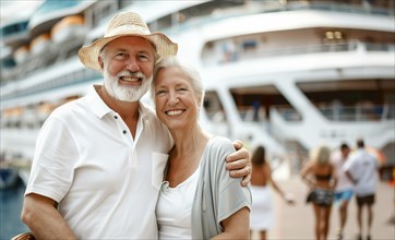 Happy senior couple portrait in front of their luxury cruise ship. generative AI, AI generated