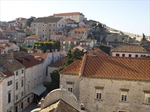 Rooftops of stone buildings on a hill, showcasing historic architecture with red tiles and a