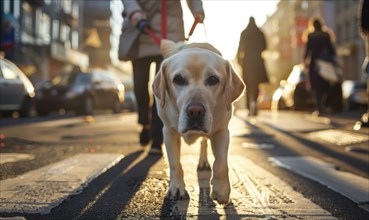 A guide dog leading its owner confidently across a busy city street AI generated