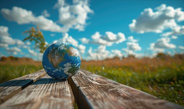 An Earth globe placed on a wooden picnic table with a bright blue sky and fluffy white clouds AI