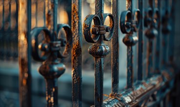A rusted wrought iron gates in hues of deep charcoal and slate gray AI generated
