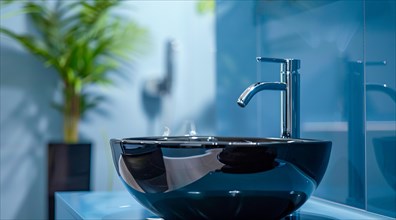 A sink with a black bowl and a silver faucet in a modern luxury condo, AI generated