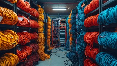 Neatly organized, color-coded cables in a well-maintained server room, AI Generated, AI generated
