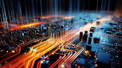 Illustration of abstract data stream cascades over a circuit board transforming into swirling