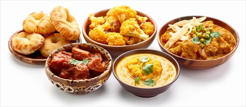 A variety of Indian curries with cauliflower and naan, presented in traditional pottery, displaying