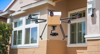 Drone customer parcel delivery to a house. Concept of future parcel business and personal delivery,