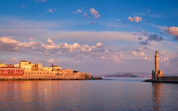 Panorama of picturesque old port of Chania is one of landmarks and tourist destinations of Crete