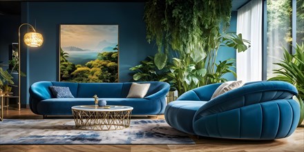 Luxury living room in a modern biophilic concept design with a blue sofa, AI generated