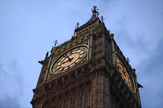 Big Ben, clock tower and clock, at dusk, Bridge Street, SW1 London, England, United Kingdom, Europe