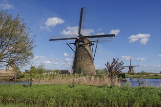 A windmill stands majestically in a natural spring landscape in a clear blue sky with clouds,