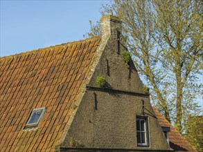 An old brick house with a red tiled roof and tall trees under a clear blue sky, historic houses on