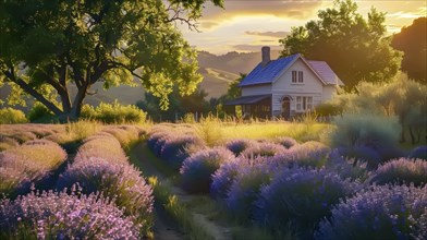 A quaint cottage by a vast lavender field under a golden sunset, exuding peace, AI generated
