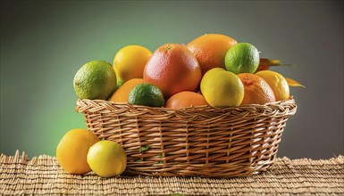 A basket with various citrus fruits, still life generated in the studio AI, AI generated