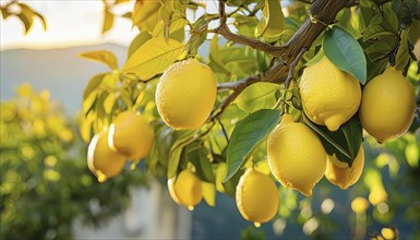 Large, ripe lemons on a tree with green leaves in the warm light of a sunset, background blurred,