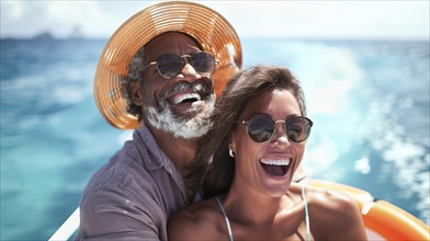 Happy african american senior couple laughing while boating on the ocean. generative AI, AI