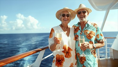 Happy senior couple toasting champagne on the deck of their luxury cruise ship. generative AI, AI