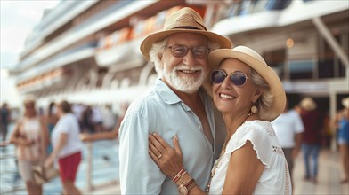 Happy senior couple portrait in front of their luxury cruise ship. generative AI, AI generated