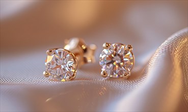 Pair of intricately crafted diamond stud earrings placed on a smooth satin material background AI