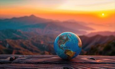 An Earth globe placed on a wooden deck overlooking a mountain range against a colorful sunrise sky