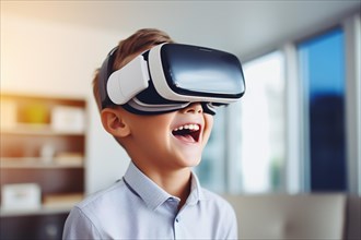 Young happy boy child wearing virtual reality VR glasses. KI generiert, generiert, AI generated