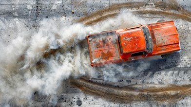 Top view of an orange car performing a dynamic skid enveloped by smoke, AI generated
