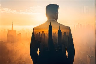 Silhouette of a businessman against a backdrop double exposure that reveals a destroyed cityscape,