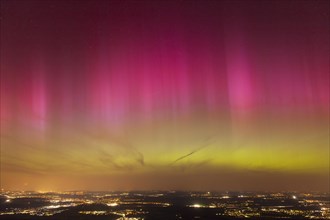 Northern lights in Germany. Very strong auroras over the Stuttgart metropolitan region. View from