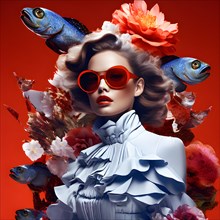 AI generated surreal fashion and beauty portrait poster collage with random weird subjects