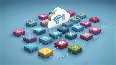 Isometric cloud services network with colorful blocks and technology icons, AI generated