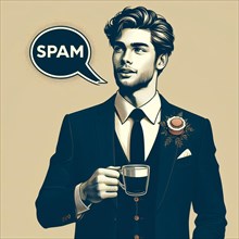 Retro-styled man holding a cup of coffee with a speech bubble reading 'SPAM', ai generated, AI