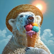 A polar bear enjoys a multicoloured ice cream under the sun with a straw hat, while the sky is blue