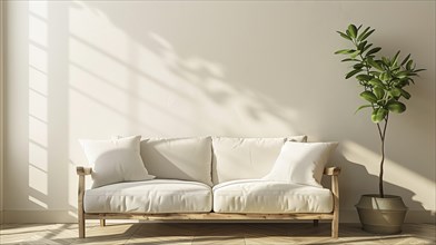 Photograph of a trendy white sofa. Minimalist mock-up style. AI generated