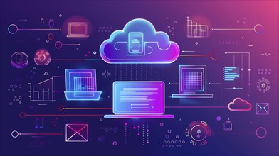 Neon-themed digital illustration showing cloud computing and network technology with a futuristic