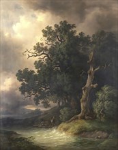 Stormy Landscape with Old Trees, Painting by Josef Kriehuber, Historic, digitally restored