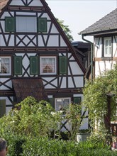 Half-timbered houses with green shutters and garden, emphasised by traditional architecture, old