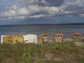 Beach chairs on a sandy beach in front of a cloudy sky and a calm sea. Beach grass grows in the