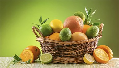 A basket with various citrus fruits, still life generated in the studio AI, AI generated