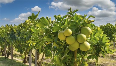 Ripe grapefruits hanging from a tree in an orchard under a cloudy sky, AI generated, AI generated