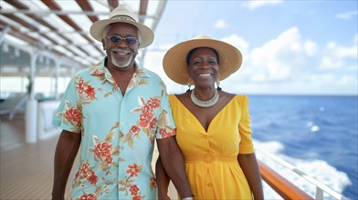 Happy african american senior couple portrait on the deck of their luxury cruise ship. generative