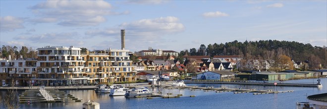 Apartment building at the harbour of the Mueritzsee, Waren, Mueritz, Mecklenburg Lake District,