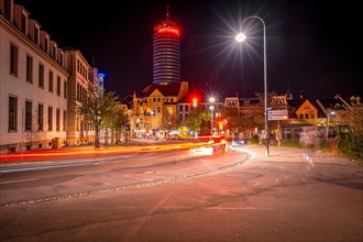 The Jentower at night with traces of light from passing cars, Jena, Thuringia, Germany, Europe