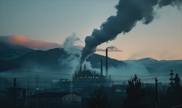 Smoke rising from a waste incineration facility, air pollution AI generated