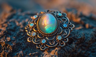 A brooch adorned with an iridescent opal gemstone AI generated
