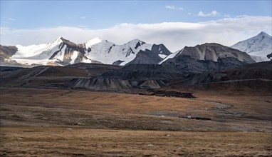 Autumnal plateau with brown grass, glaciated and snow-covered peaks, Ak Shyrak Mountains, near the